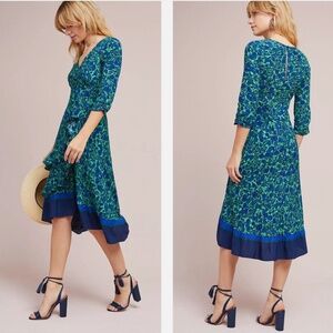 Anthropologie Maeve Prunella Floral Ruched Wrap Dress. Blue and Green. Size 10